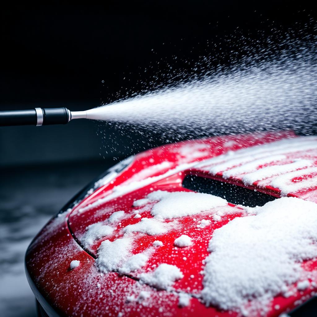 Snow foam wash on a red sports car